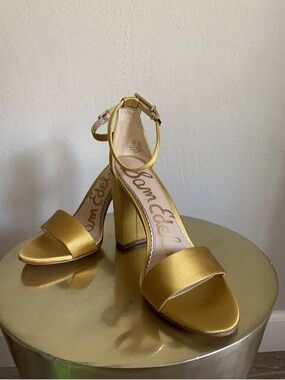Sam Edelman Gold Satin Block Heel Sandals with Ankle Strap